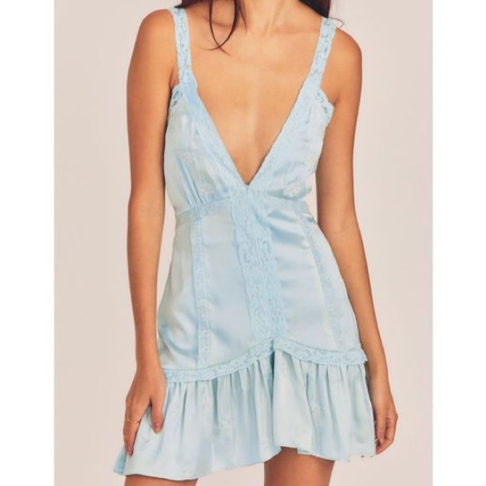 LoveShackFancy Navie Blue Plunge-Neck Lace-Trim Satin Mini Dress Size 12